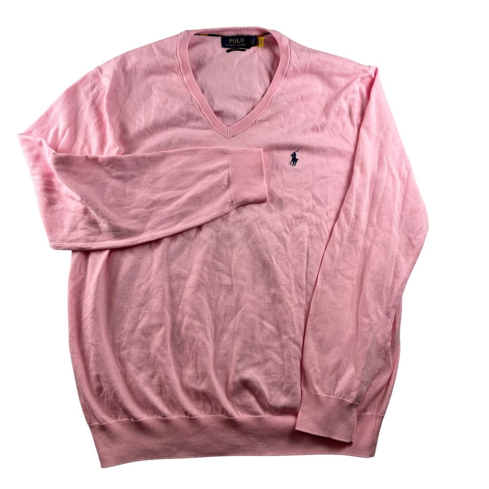 Polo Ralph Lauren Pink Pima Cotton V-Neck Sweater Mens Large Navy Pony Logo